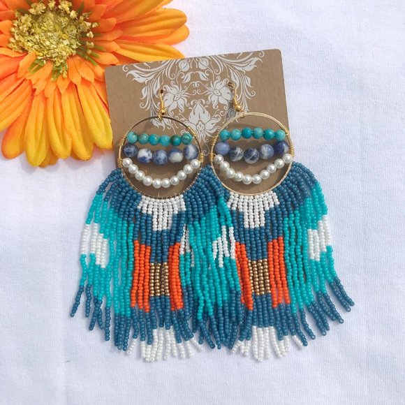 Long Hand Beaded Fringe Earrings Seed Bead Hoop Native Southwest Western Cowboy - Picture 2 of 5